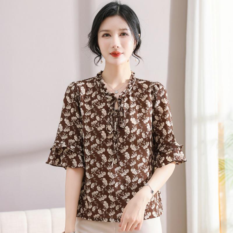 2026 Elegant Chiffon Bell Sleeve Floral Lace Blouse XL кофейный