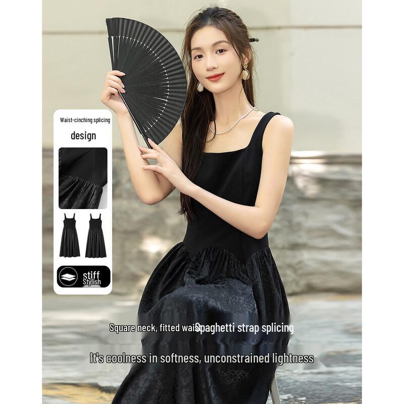 French Hepburn Square Neck Strappy Little Black Dress L