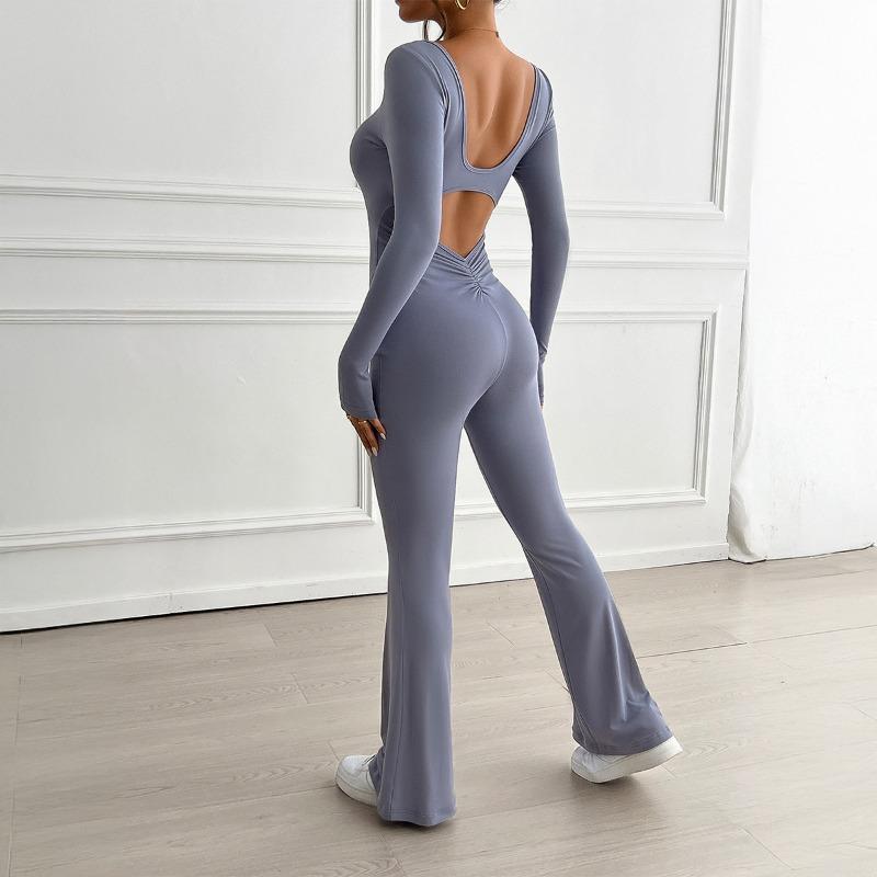 Women's Autumn and Winter Temperament Slim U-neck Backless Long-sleeved Blouse Micro-la Jumpsuit