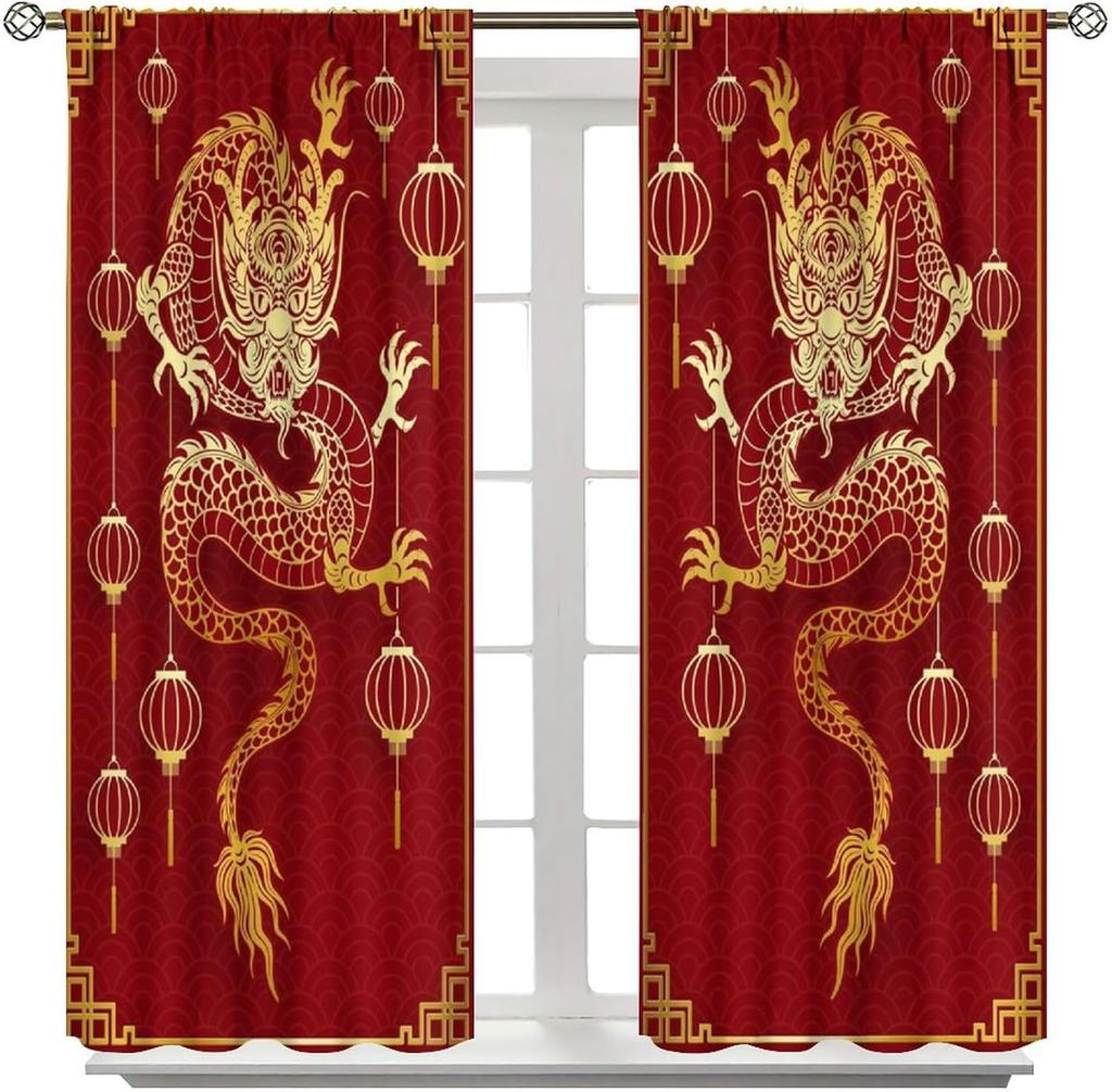 China Dragon Curtains   Asian Red Festive Lanterns Traditional Animals Windows Treatments   Thermal Insulation Rod Pocket Drapes f