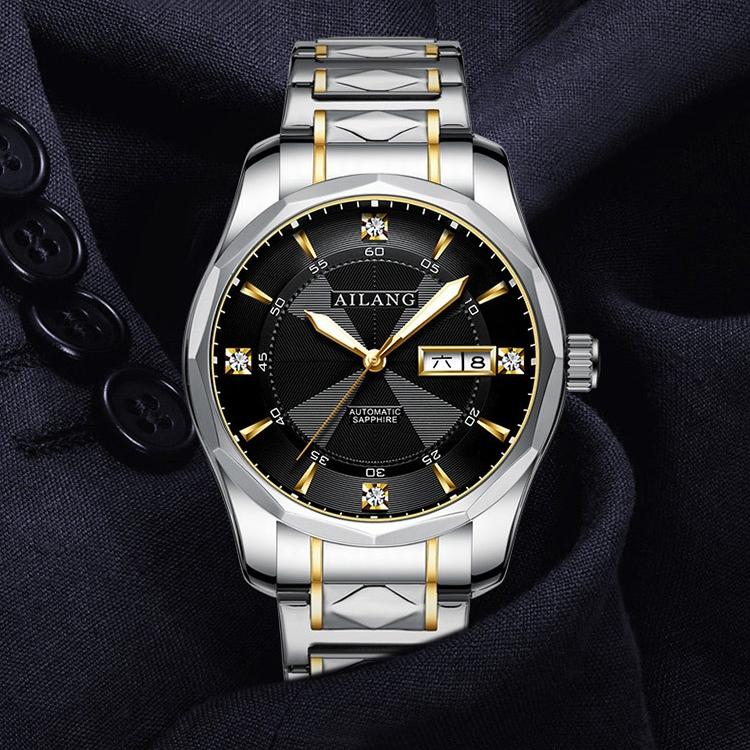 AILANG Montre mécanique entièrement automatique pour hommes Montre pour hommes Mode Double Calendrier Pierre Acier Montre étanche