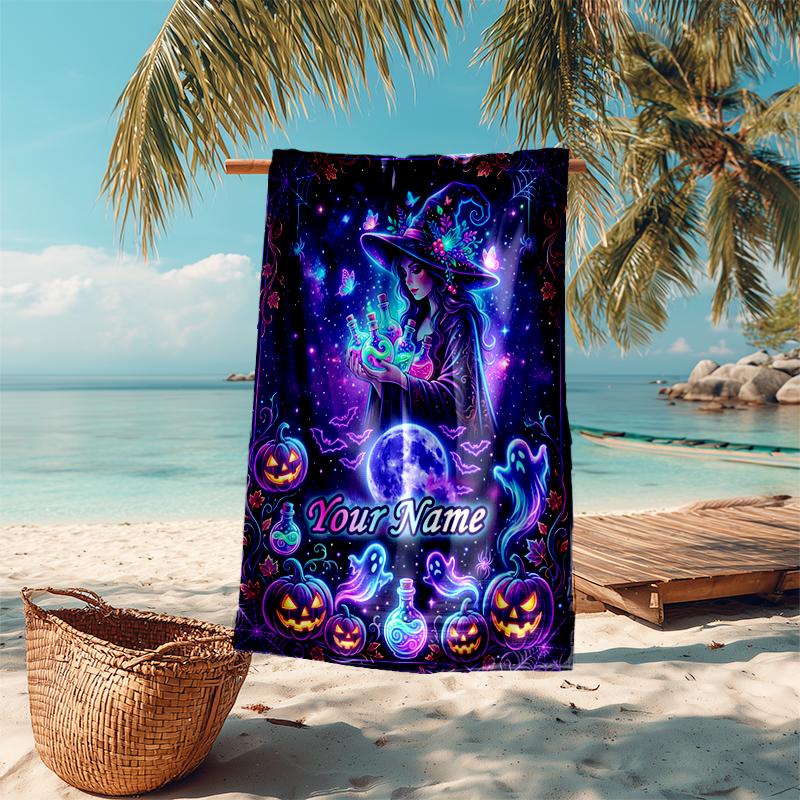 1PC Custom Name Halloween Witch Spell Book Beach Towel Highly Absorbent And Sand-Resistant Towel for Swimming, Pool, Yoga, And Travel Lightweight