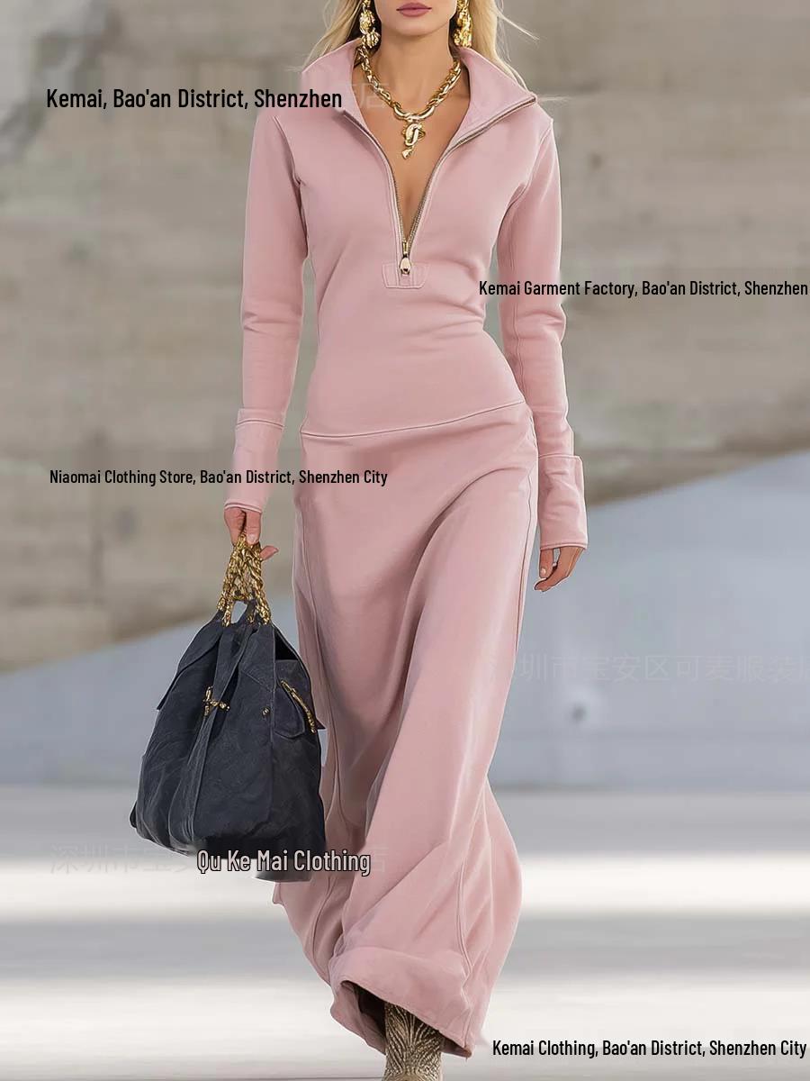 Women s Autumn/Winter Slim Fit Long Sleeve Half-Zip Polo Collared Casual Dress L розовый