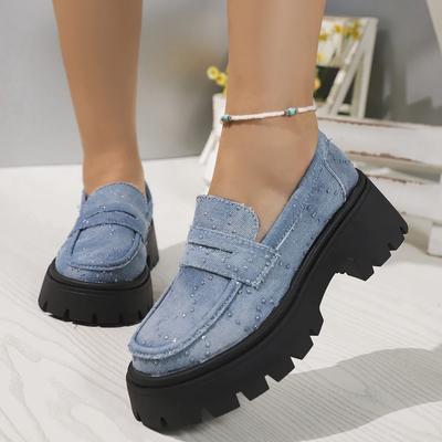 Rimocy 2025 Pantofi Noi Dama cu Toc Gros, Mocasini, Moda Cristal, Slip On, Pantofi cu Platformă, Femeie Gotic, Talpă Groasă, Decolteu Mic, Pantofi de Damă Denim