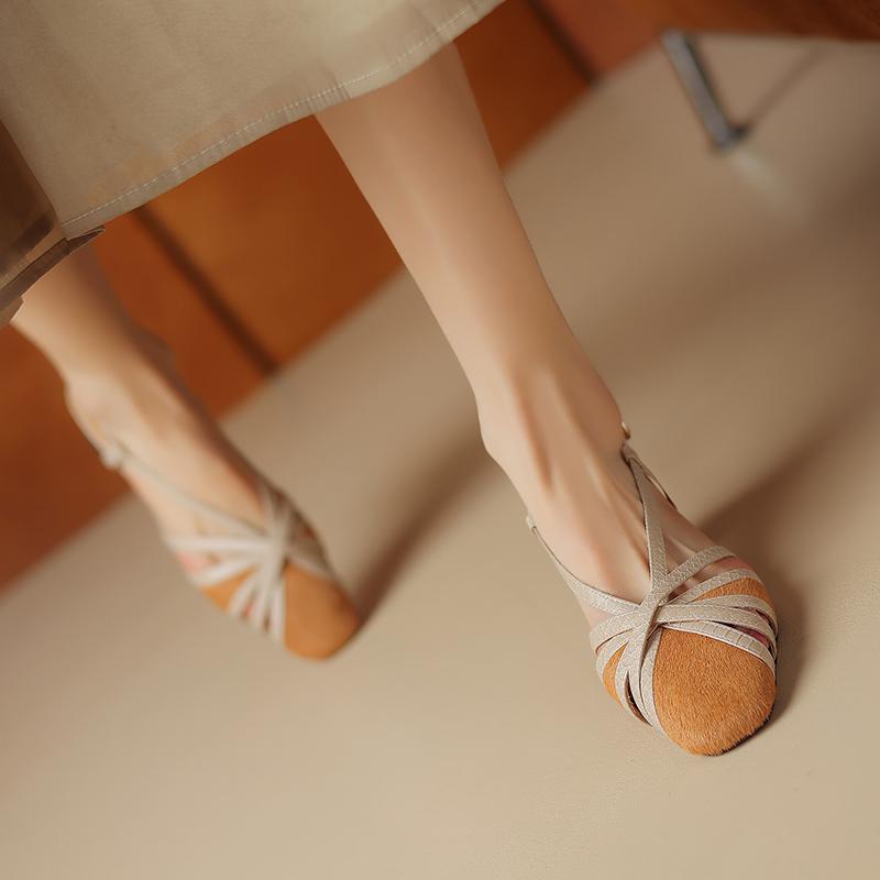 Fashion 2025 New Summer Women Sandals Round Toe Chunky Heel Horsehair Leather Shoes for Women Narrow Band Cover Toe Gladiator Shoes