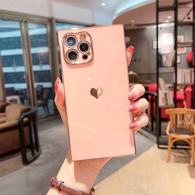 Soft Square Love Heat Phone Case For iPhone 12 11 13 14 Pro Max Mini X XR XS Max 7 8 Plus SE  Electroplated Bumper Cover