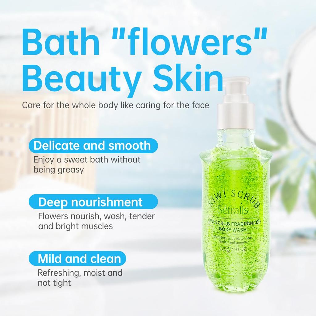 Séfralls Kiwi-Duschgel 225 g, entfernt effektiv Schmutz, spendet Feuchtigkeit und reinigt Duschprodukte, praktisch für zu Hause oder unterwegs