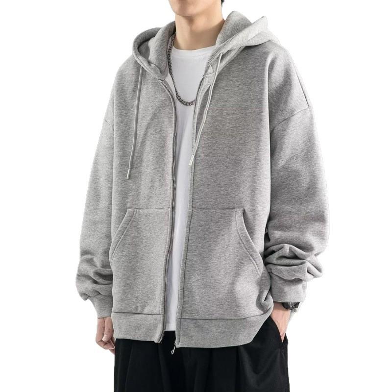 Men's Solid Color Fleece-Lined Zip-Up Hoodie, Spring & Autumn, Loose Fit, Versatile Hong Kong Style