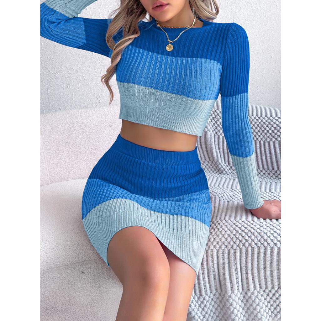 GMXIA Autumn and Winter Multi-color Long-sleeved Crop Top, Hip-hugging Skirt, Knitted Suit Women's Wear
