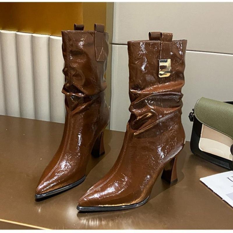 8cm spitze High-Heel Kurzstiefel Damen Herbst und Winter neu dicke Absätze Plateau-Stiefel ohne Reißverschluss Lackleder Temperament vielseitig fash