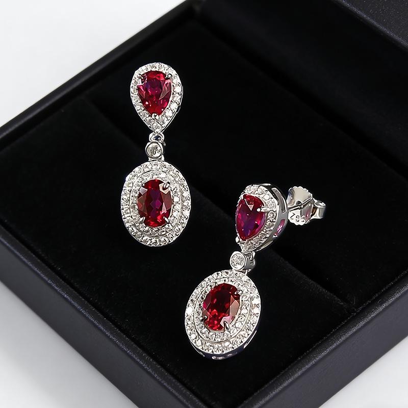 Luoxi Temple S925 Silver Pigeon Blood Red Blue Sapphire Earrings for Women - Pear-shaped Oval 5*7mm