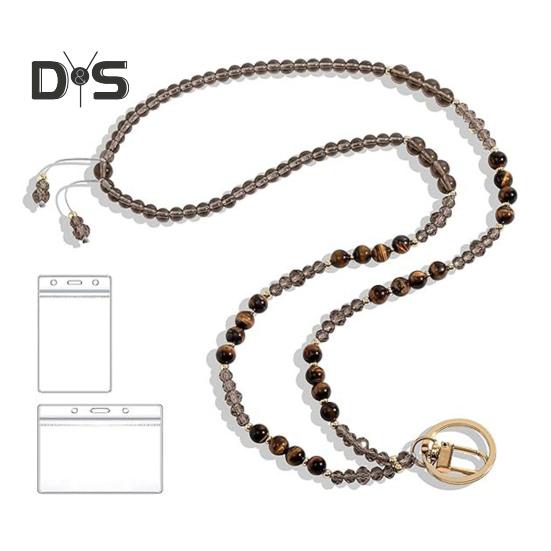 Natural Stone Faux Crystal Card Holder Adjustable ID Lanyard Women Handmade Beaded Badge Holder Lanyard