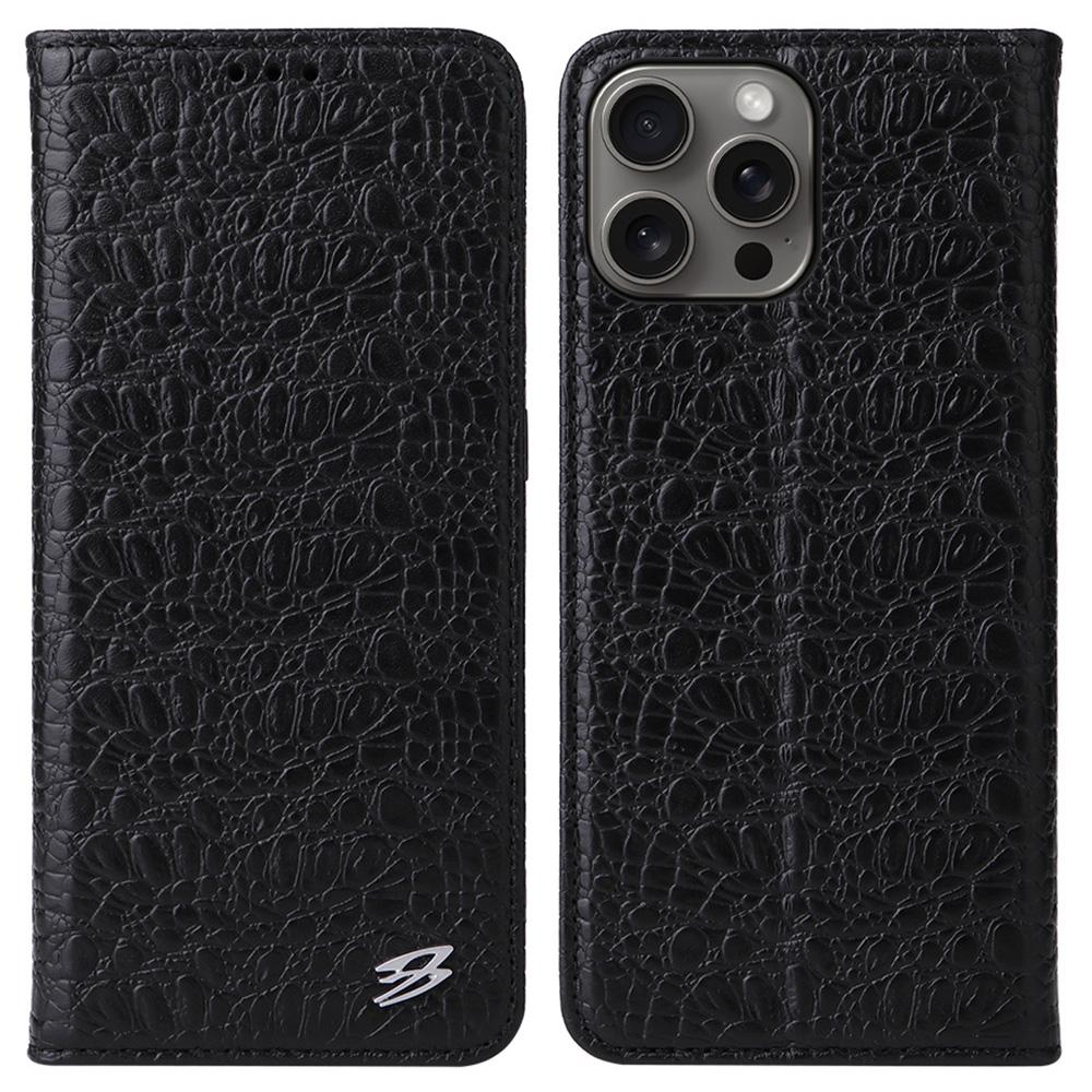 FIERRE SHANN For iPhone 16 Pro Case Genuine Cow Leather Crocodile Texture Wallet Phone Cover A