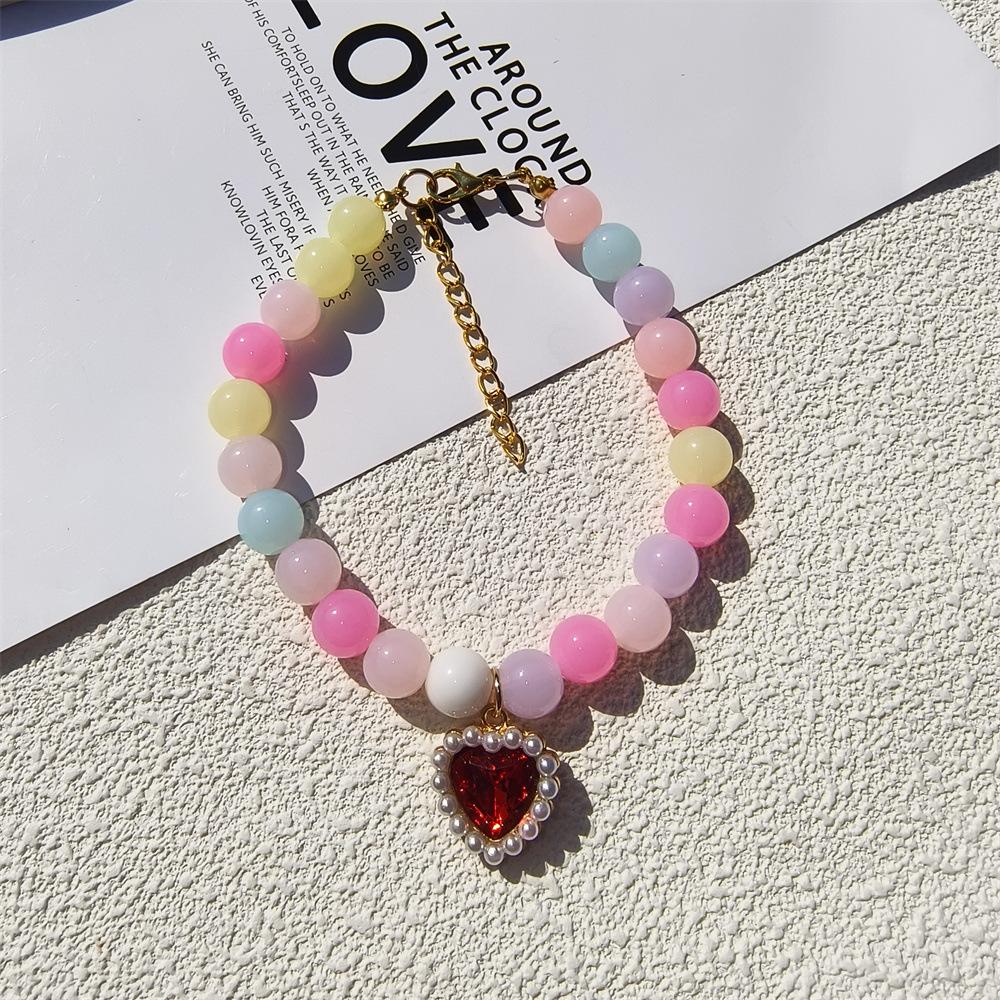Personalized cat and dog pet handmade necklace collar beaded rhinestone heart cute pearl pendant accessories princess style