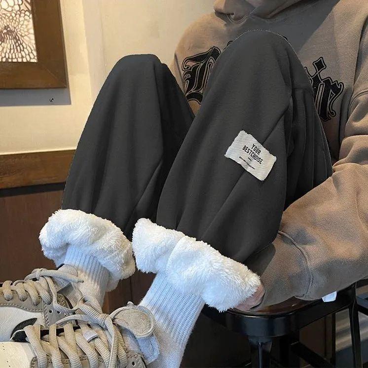 Casual Lamb Fluff High Waist Women Jogger Baggy Pantalones Winter Thicken Warm Fleece Lined Sweatpants Ankle-length Trousers