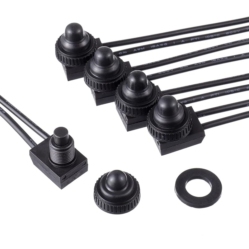 KP-107 Waterproof Push Button Switch 12V ON/Off SPST Switch with 4.5''Lines for Motorcycle/Car(Pack of 2pcs,Black)