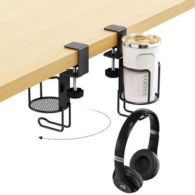 2 in 1 Schreibtisch-Becherhalter mit Kopfhörerhalter, Überlaufschutz-Clip-On-Tischbecherhaken mit 360° Drehung für Büro-Heimtisch