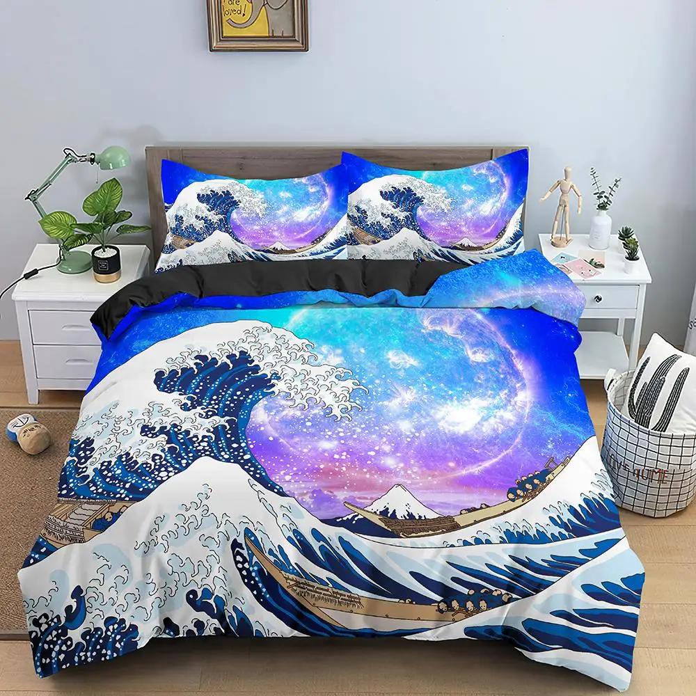 Wave Duvet Cover Set For Kids Teens Adult King Size Abstract Blue Ocean Comforter Cover Waves Sailing Moon Polyester Bedding Set