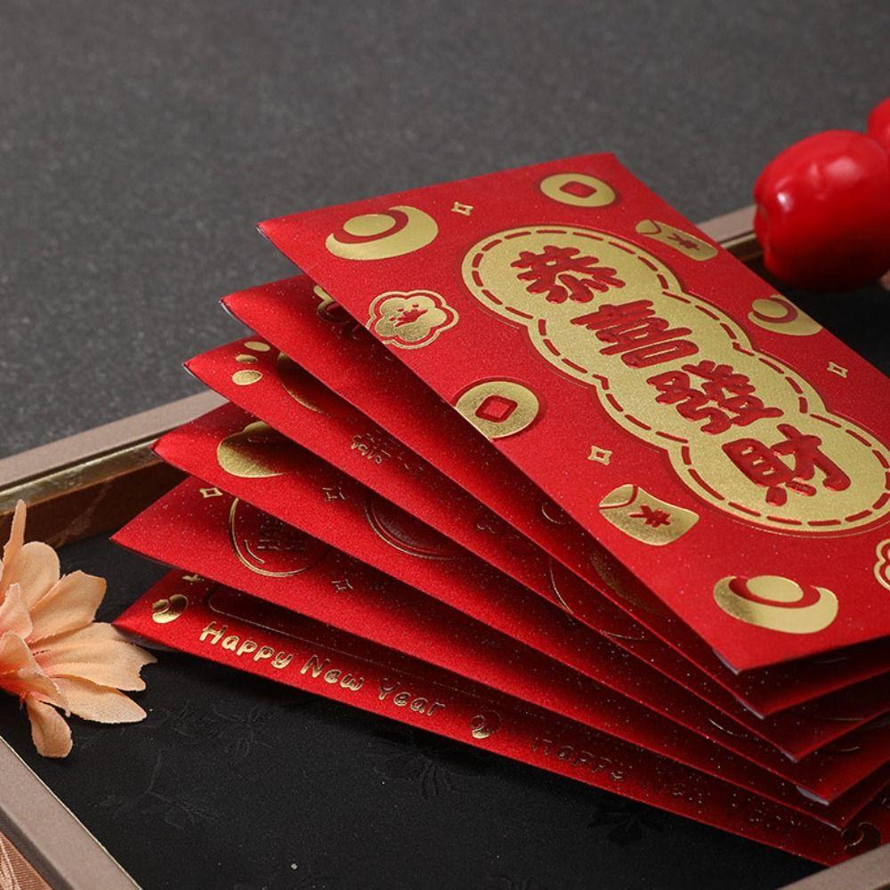 6pcs Solid Chinese New Year Red Envelope Hot Stamping Red Packet Cartoon Lucky Money Bag Kids