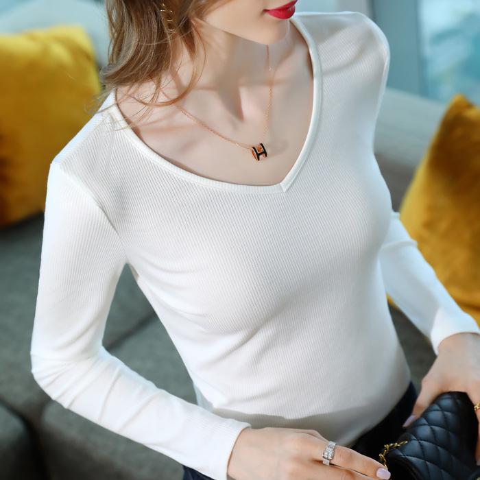 Long-sleeved t-shirt women's 2025 spring and autumn new women's clothing v-neck bottoming shirt, pit strip thread inside, fashionable solid color top