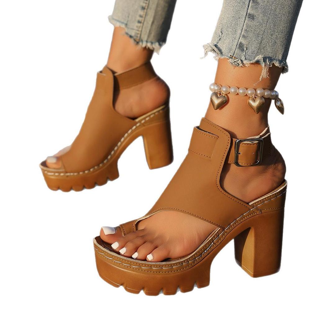 2026 Chunky Heel Women's Sandals: European & American Thick-Soled, Toe-Covering, Buckled High Heels for Summer