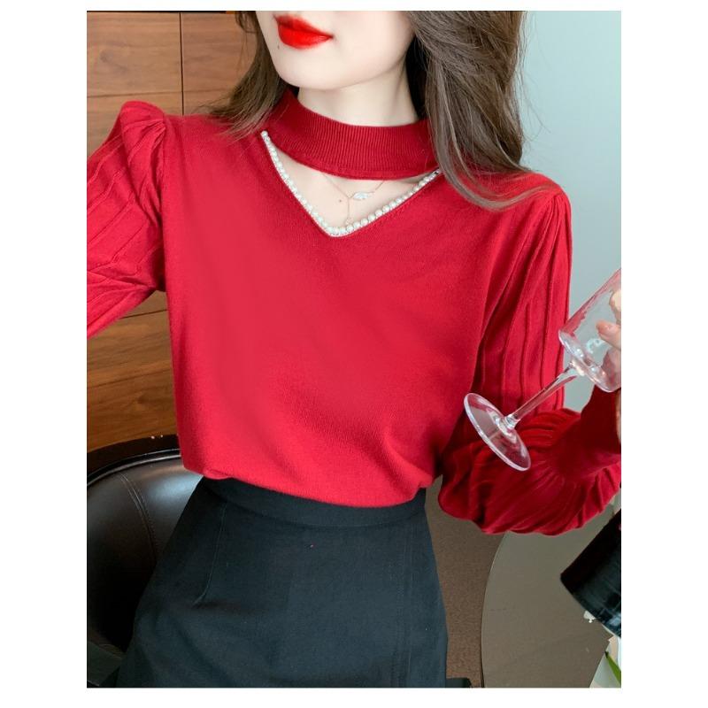 Jarní a podzimní dámské úplety Pit Stripe Pearl Hollow Out Svetr Pletený spodní díl Košile Sexy svetr Sezóna Dlouhý rukáv Top