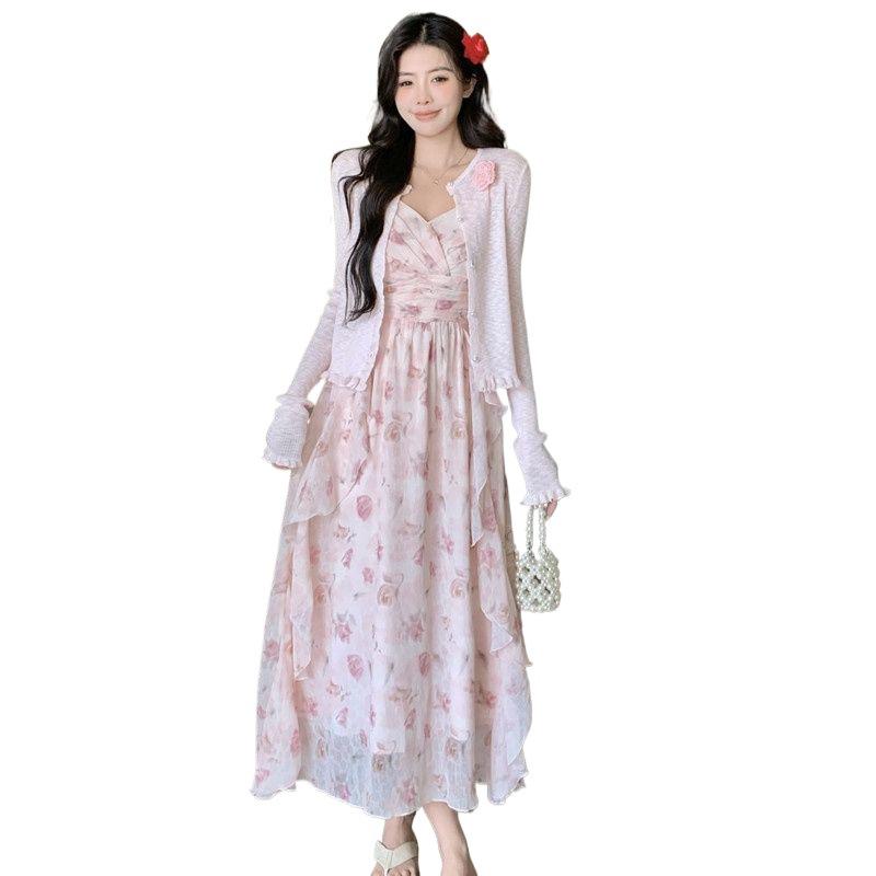 Women's Floral Ruffle Strappy Skirt & Cardigan Set for Spring/Summer 2026 Fashion