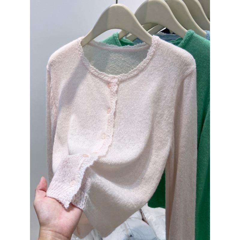 Soft waxy lace knitted cardigan women's apple green white long-sleeved top spring new casual lazy coat
