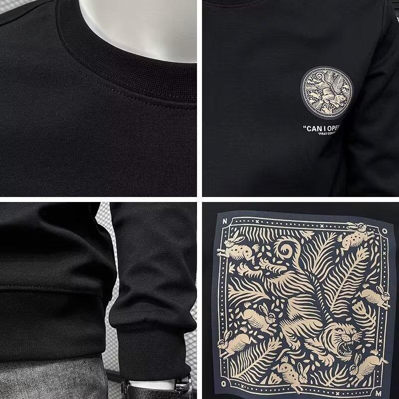 Printed Long Sleeve Casual Sweatshirt for Men, Round Neck Loose Fit Base Shirt, Chic Hong Kong Style Trend