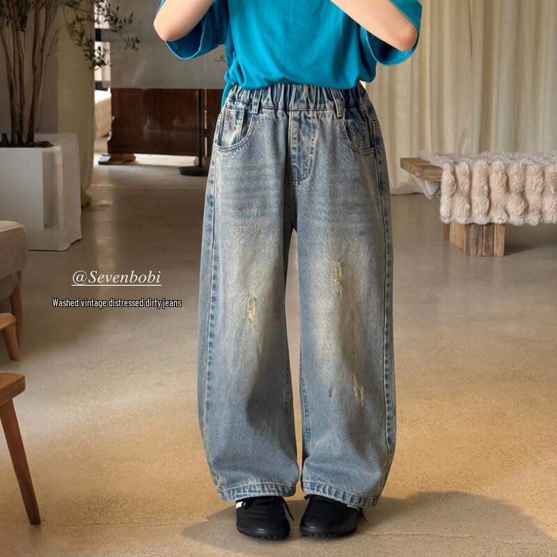 SEVEN BOBI Girls Vintage Washed Ripped Wide-Leg Jeans 160 cm