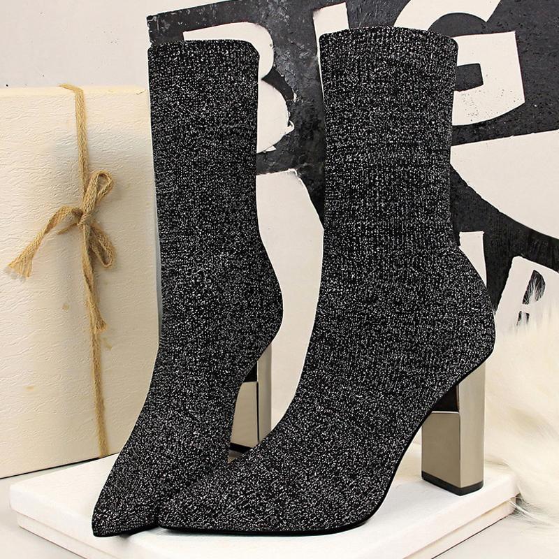 

Shoes Women Elastic Sock Boots Metal Block Heel Women Boots Sexy High-heel Boots 2025 New Women Ankle Boots Plus Size 43 43 чорний