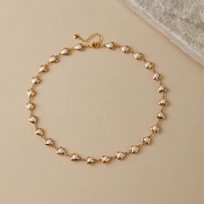 French Retro Pearl Love Heart Geometric Clavicle Necklace Women Fashion Jewelry белый