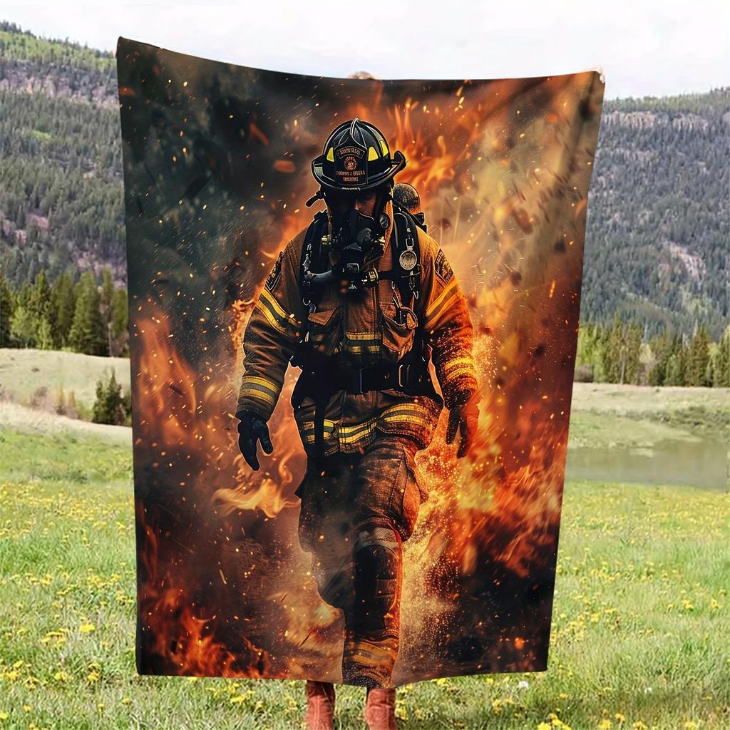 Heroic Firefighter Theme Art Blanket - Lodge Style Soft Warm All-Season Multi-Purpose Throw for Couch, Bed, Office & Travel