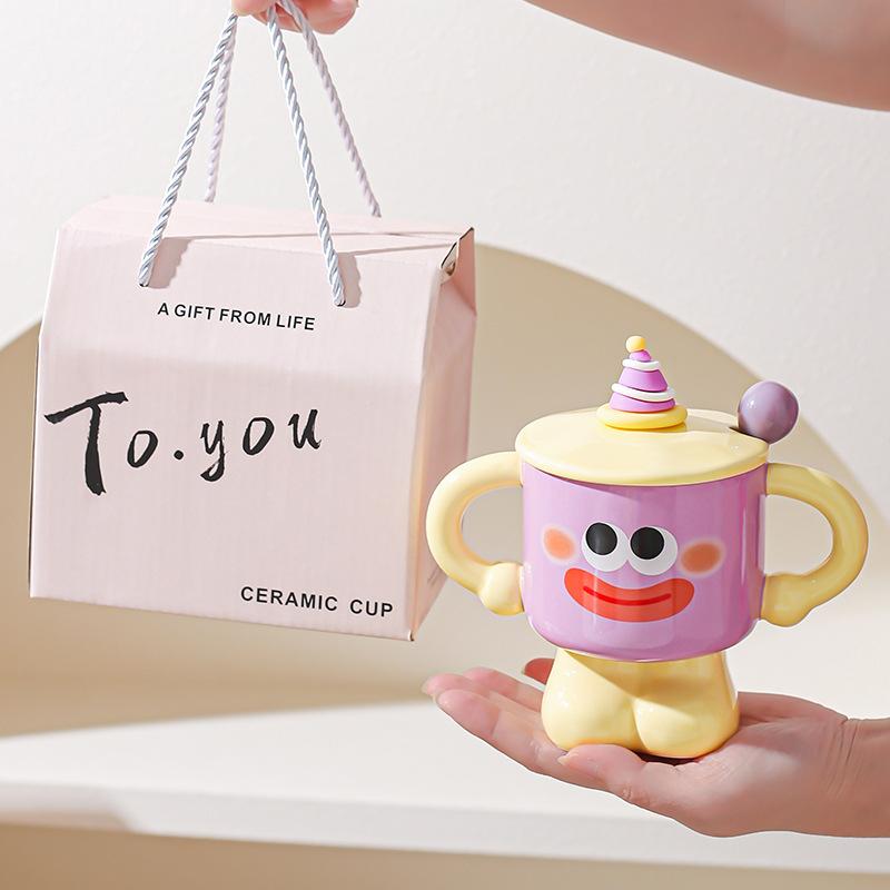 Clown ceramic cup with lid and spoon, mug, girl dormitory cup, household water cup, holiday gift for friends