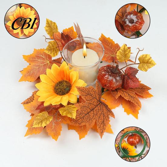 Pillar Candle Holder Autumn Fall Rings Wreaths, Artificial Maple Leaf Ring for Berry And Pumpkin Decor Holder, Thanksgiving Halloween Home Party Table