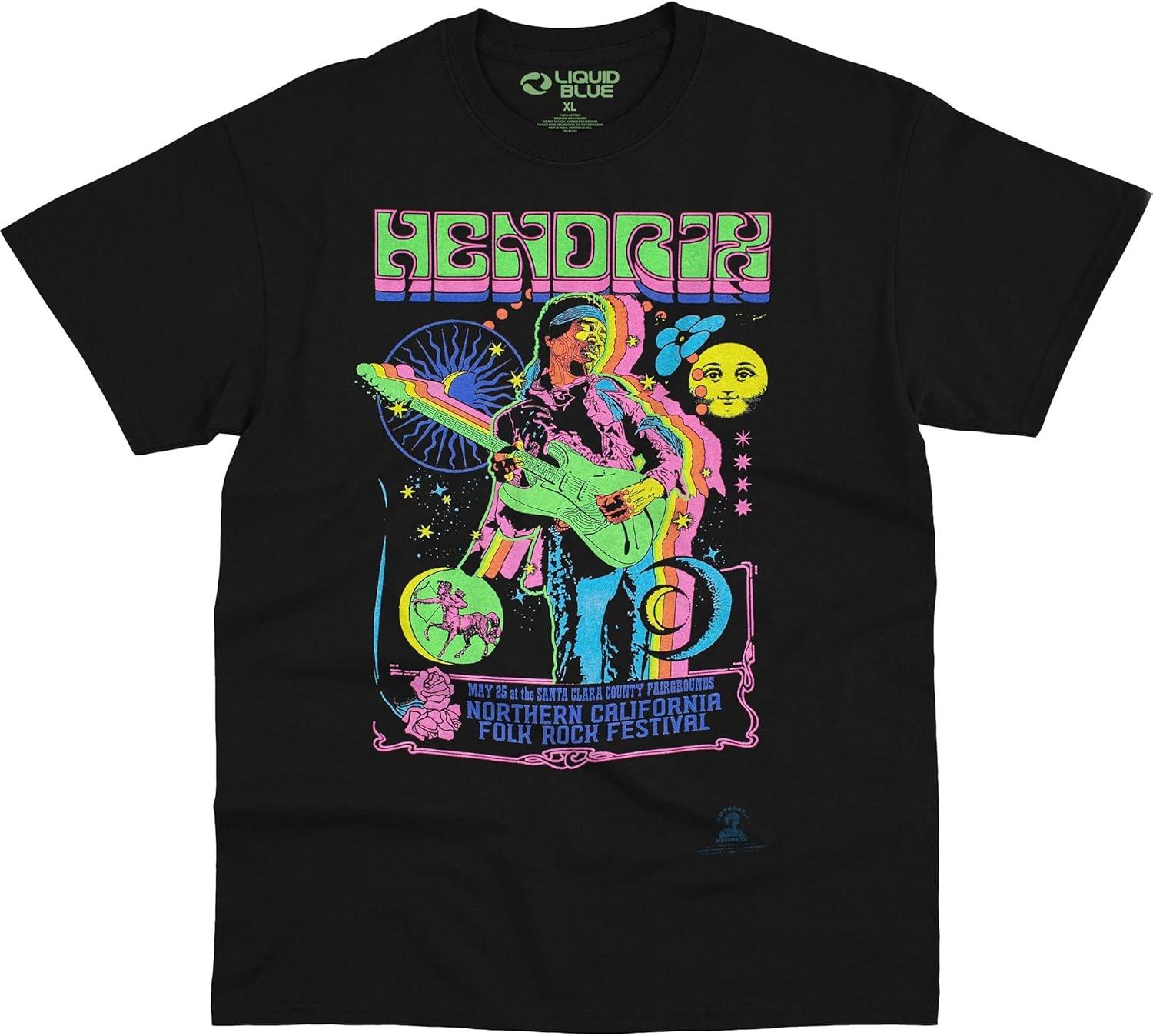 Liquid Blue Unisex-Adult Standard Jimi Hendrix Guitar Blacklight T-Shirt S