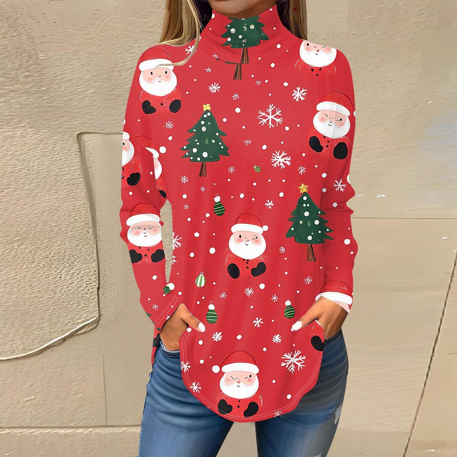

Женская модная повседневная футболка с высоким воротом и рождественским принтом, длинный рукав, пуловер, топ XL киноварь