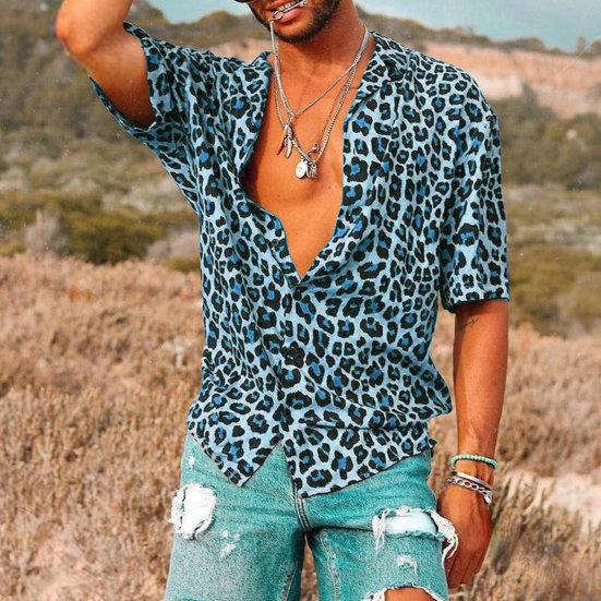 Men Summer Lapel Short Sleeve Shirt Top Leopard Print Single-Breasted Thin Hawaiian Beach Casual Shirt Streetwear