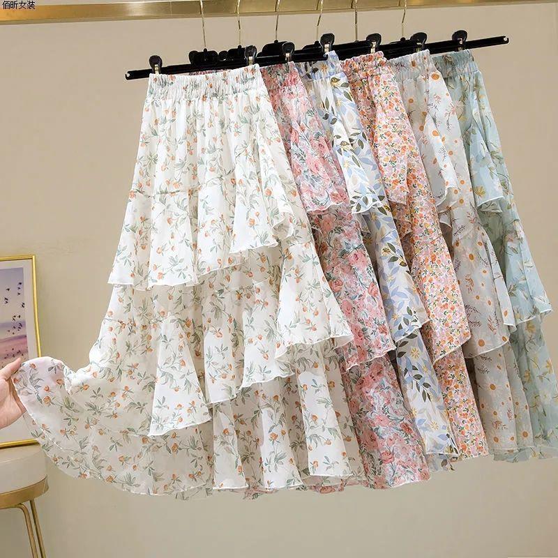 Floral Skirt Women Summer Sweet Ruffled A-line Chiffon Long Skirt Woman Korean Clothing