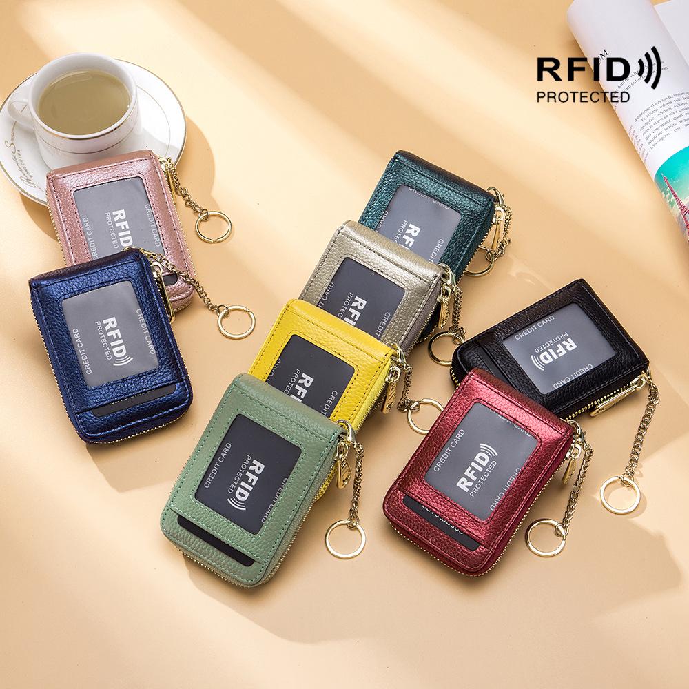 Exquisite RFID Genuine Leather Accordion Card Holder for Women and Men with Keychain