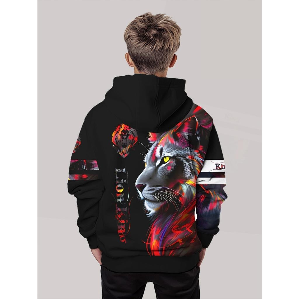 3D Digital Printed Colorful Lion King, Trendy Animal Pattern Hooded Sweatshirt, Fashionable Casual Children's Clothing