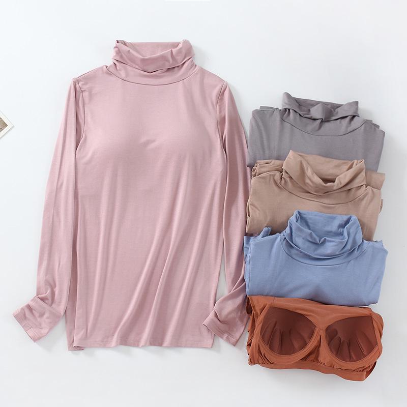 Modal Padded High Neck Long Sleeve Slimming T-Shirt with Built-in Bra for Women - Autumn/Spring.