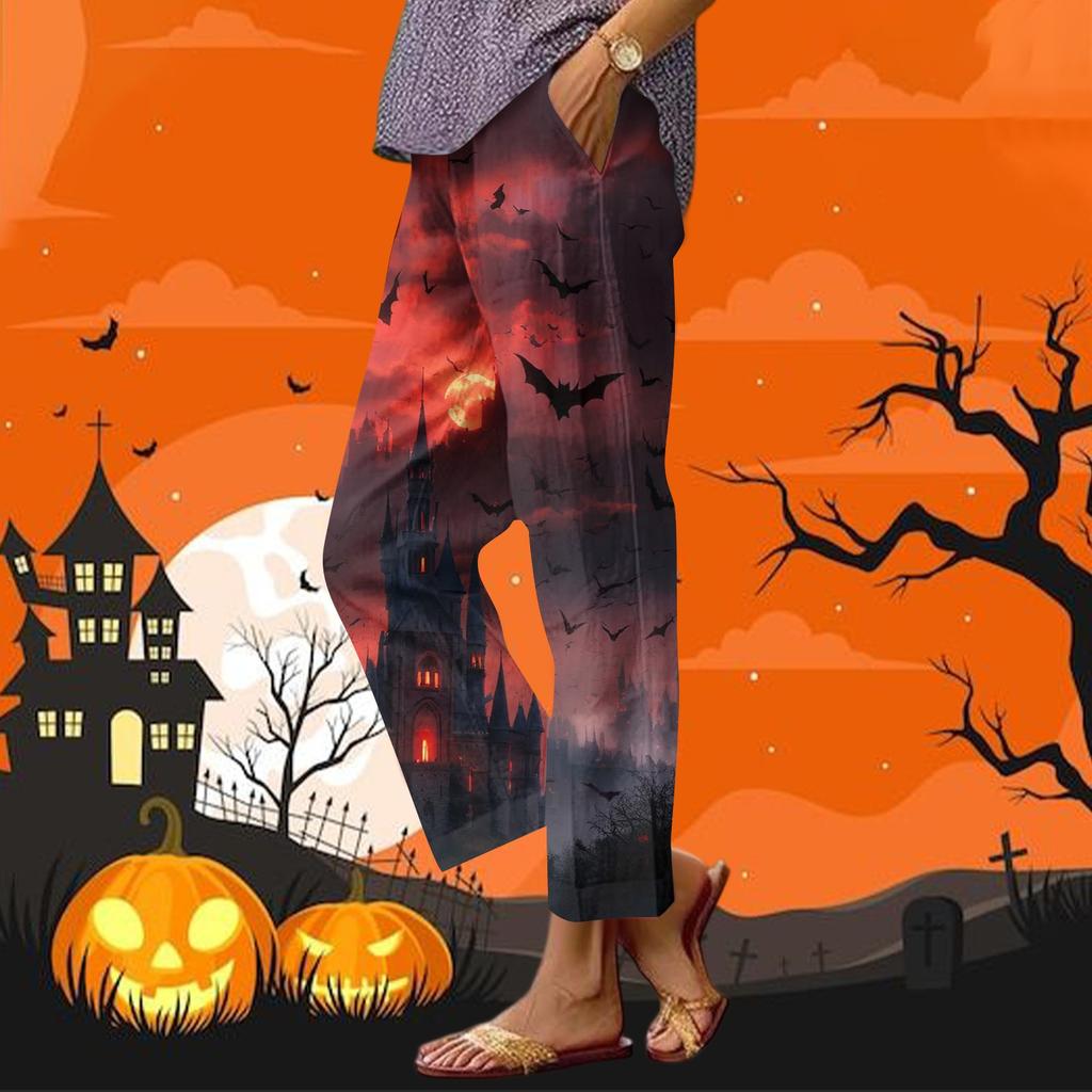 Women's Casual Fashion Halloween Printed Straight Leg Pants Pants With Pockets