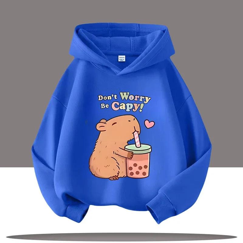 Jesienno-zimowa ciepła bluza z kapturem dla dzieci, pulower z kapibarą, bluza dla chłopców i dziewcząt, casualowy top dziecięcy z kreskówką