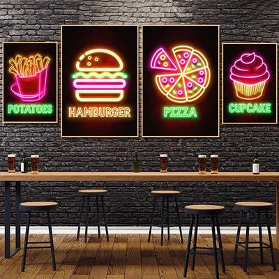 Efekt Neonu Jedzenie Burger Pizza Ramen Filiżanka Kawy Babeczka Plakaty Restauracyjne Druki Obraz na Płótnie Obrazy Ścienne Dekoracja Kuchni BEZ LED
