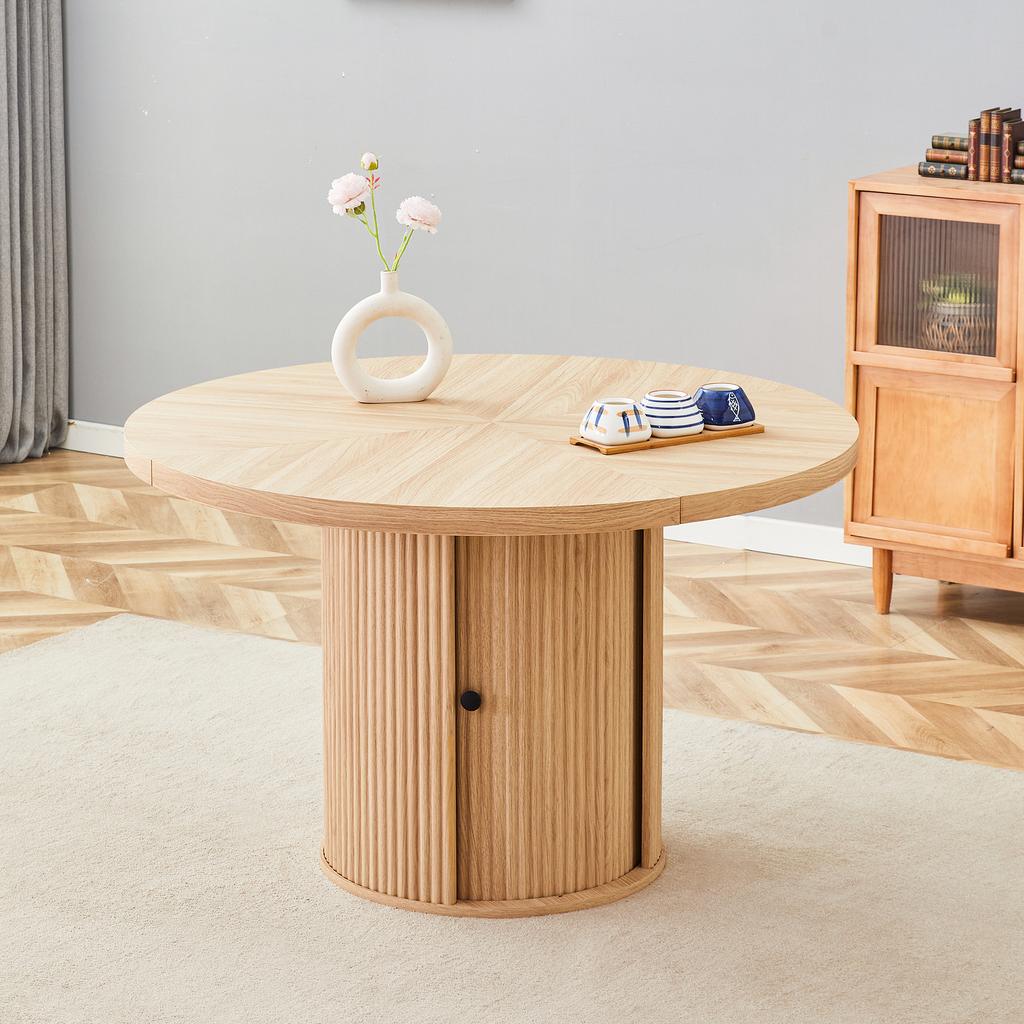 Tavolo da Pranzo Rotondo con Contenitore, Effetto Legno, 115 cm, Base a Pedistallo con Armadietto, Tavolo da Pranzo per 4–6 Persone, Moderno Scandinavo