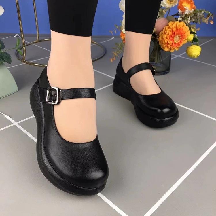 

2025 new retro casual muffin platform women s shoes round head shallow mouth soft sole single shoes mother wedge heel work leather shoes 40