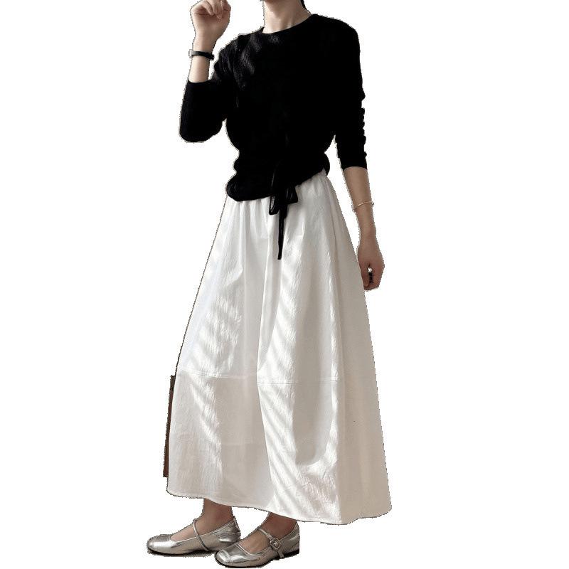 Women's French Style White Midi Skirt, High Waist, Petite A-Line Umbrella Design, Summer 2025 Collection.