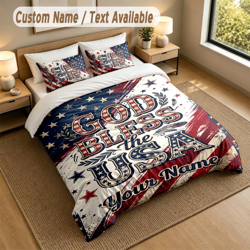 American Patriotic Theme Personalized 3Pcs Bedding Set Custom Text & Name 1 Sheet 2 Pillowcases Household Bedding 1pc