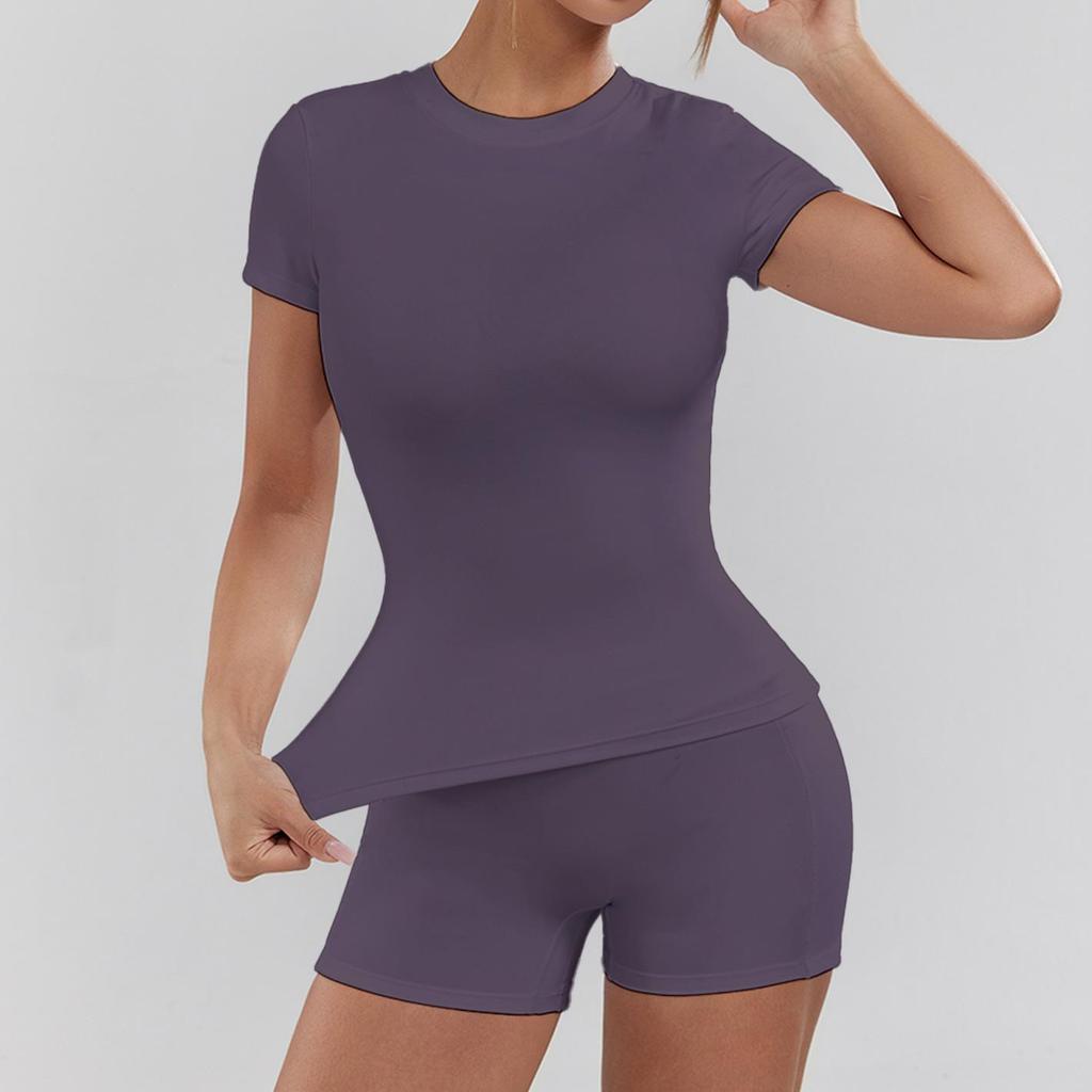 European & American Quick-Dry Nude Yoga Set: High-Elastic, Solid Color Two-Piece for Running & Fitness